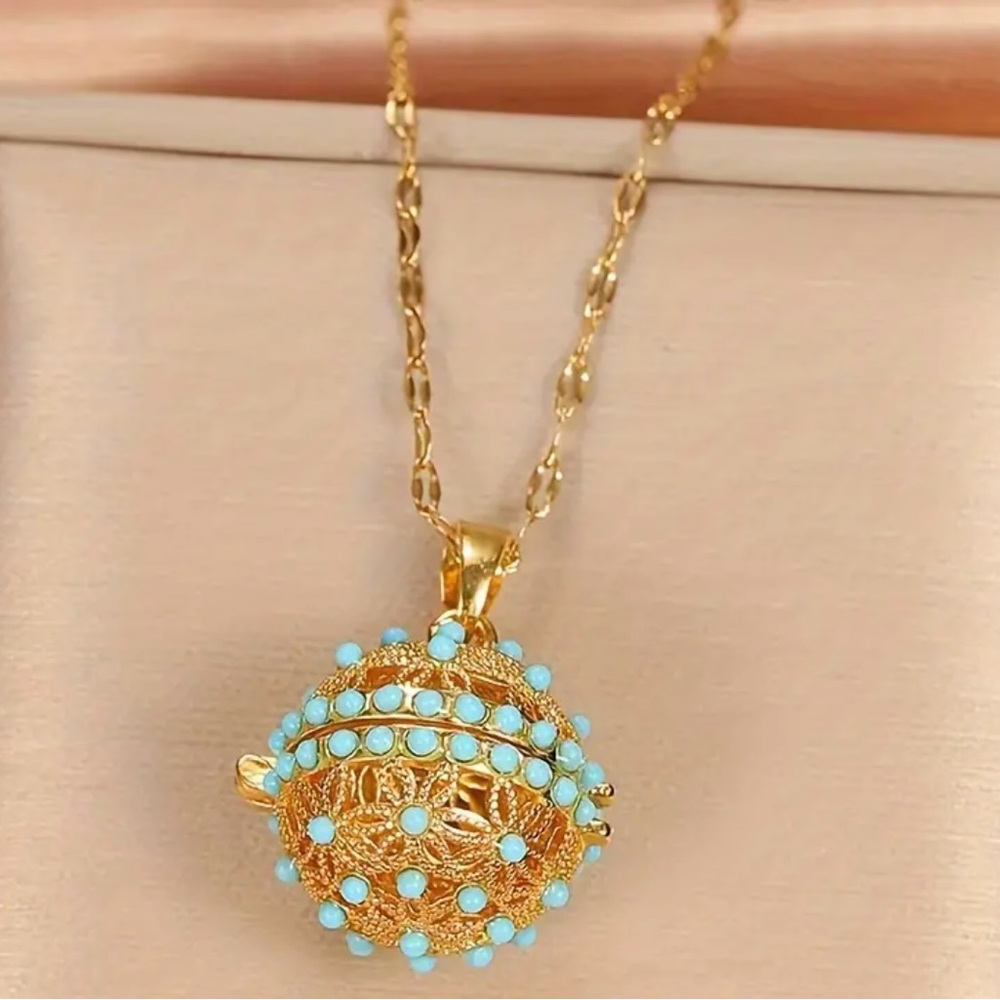 Vintage-Inspired Copper Filigree Sphere Pendant Necklace with Turquoise Accents